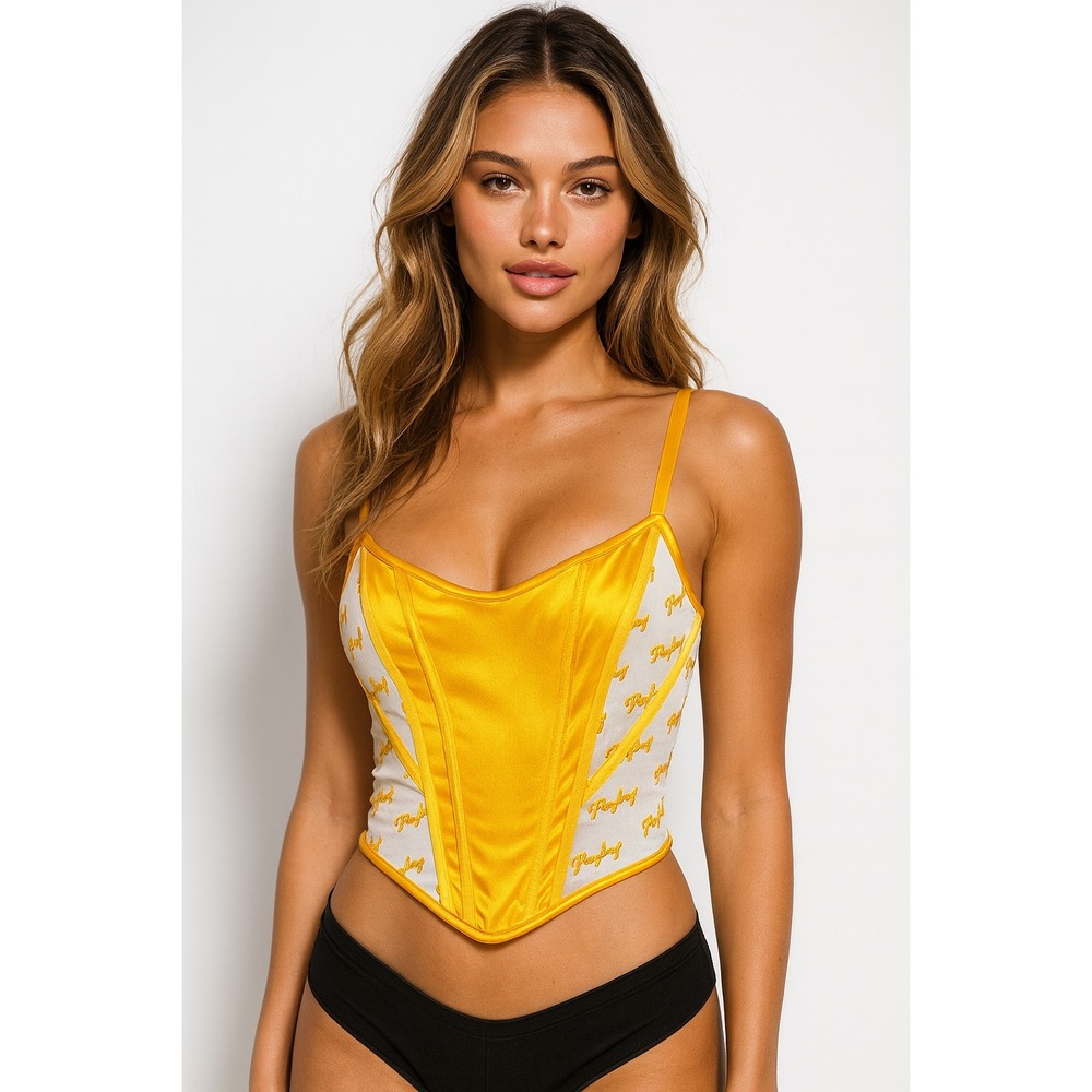 Playboy Women's L Gold Satin Mesh Logo Corset Bustier Y2K Festival Clubwear‎ Top